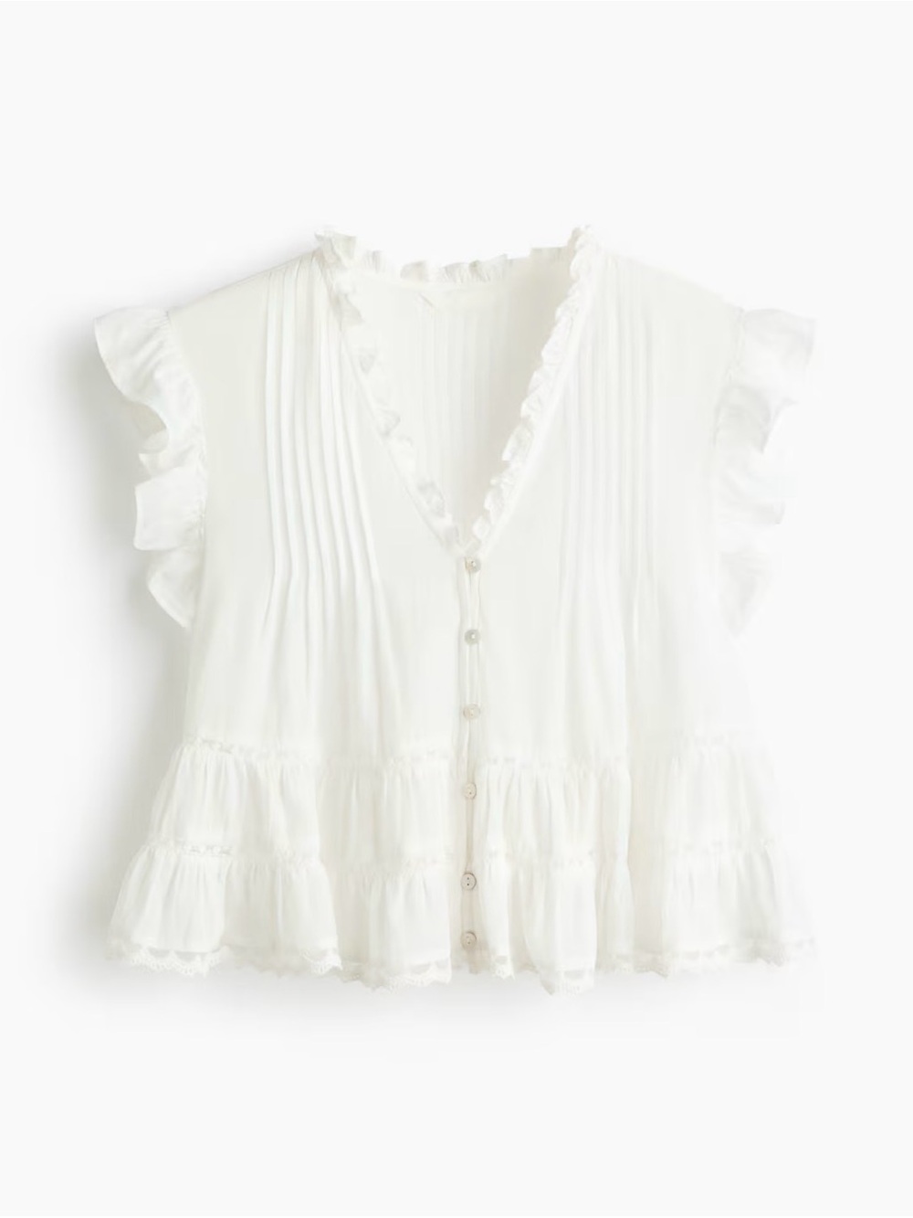 H&M White Ruffled Pintuck Button-Front Blouse
